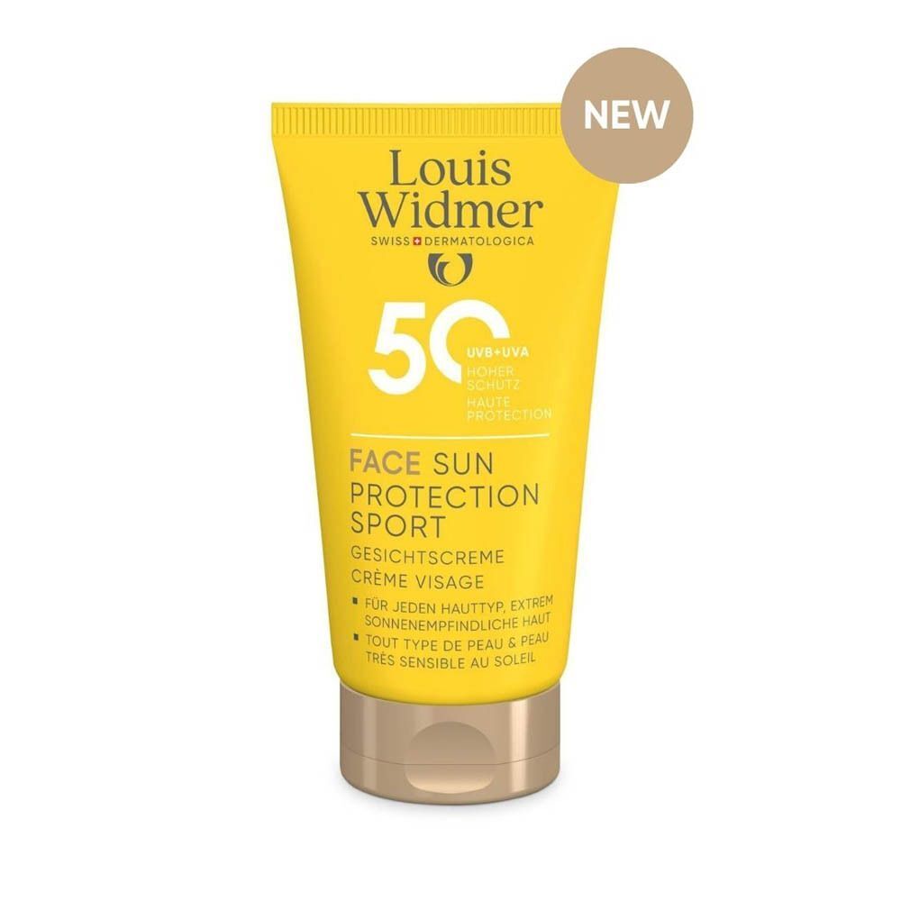 Louis Widmer Face Sun Protection Sport SPF50 Tube mit "NEU"-Aufkleber und goldfarbenem Verschluss.