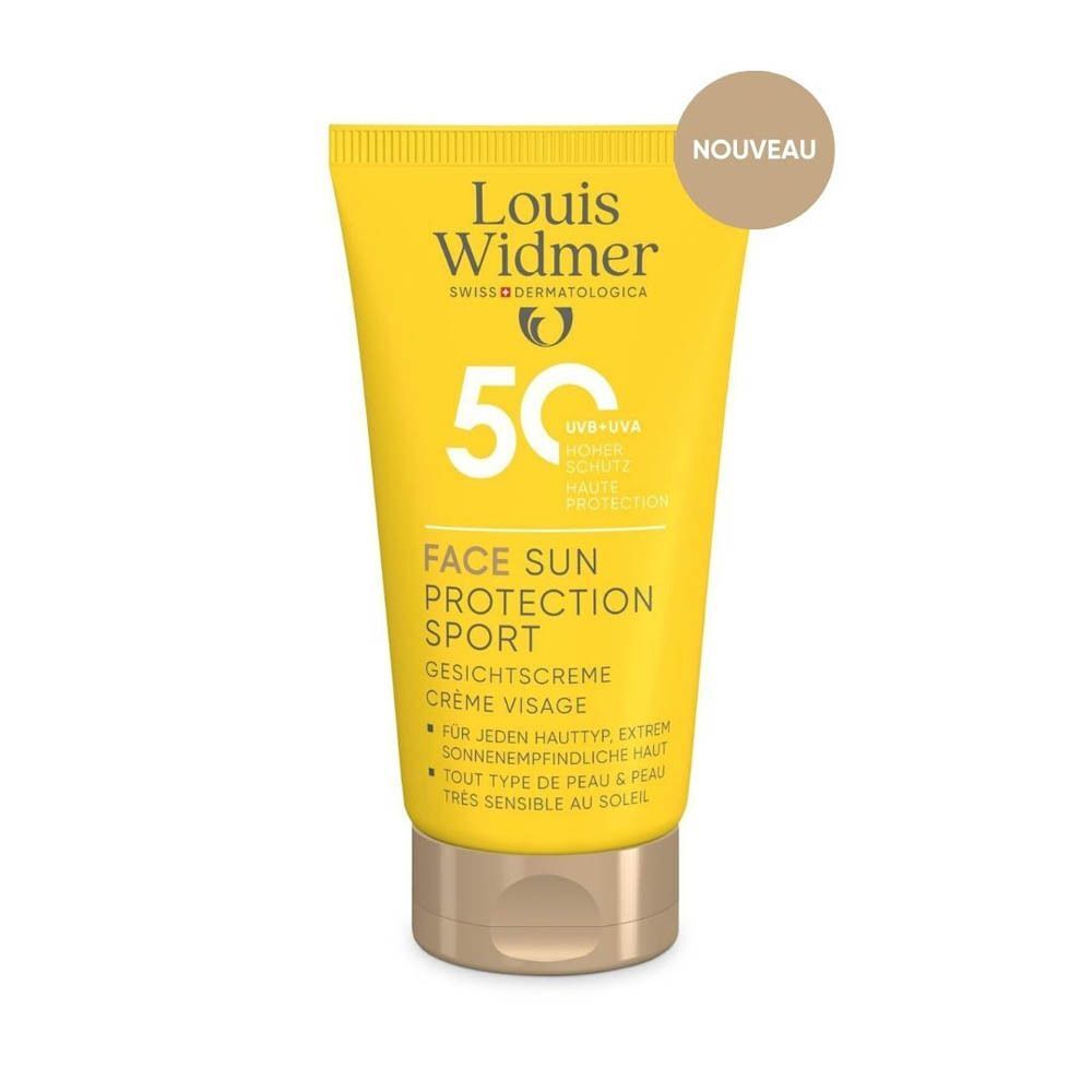 Tube Louis Widmer Face Sun Protection Sport SPF50 avec autocollant "NEUF" et bouchon doré.