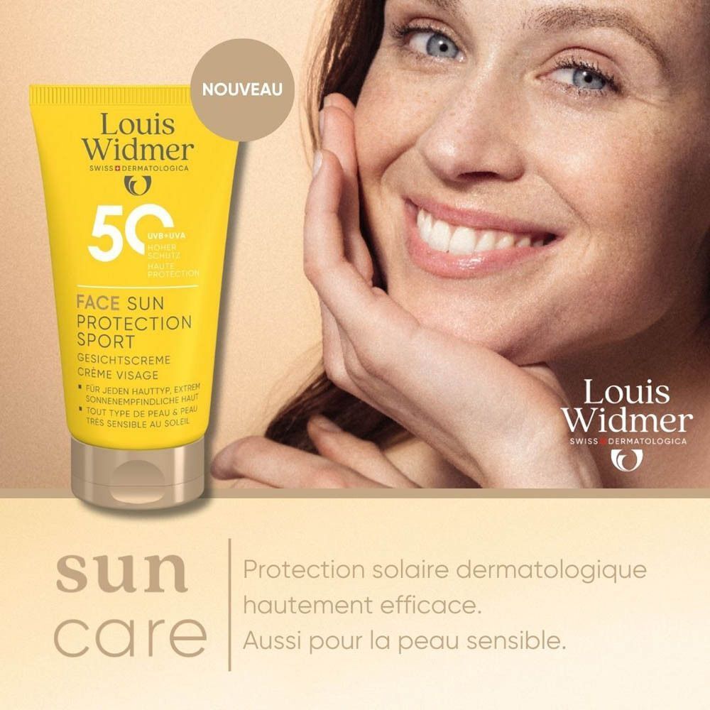 Tube Louis Widmer Face Sun Protection Sport SPF50 à côté d'une femme souriante, cercle "Nouveau".