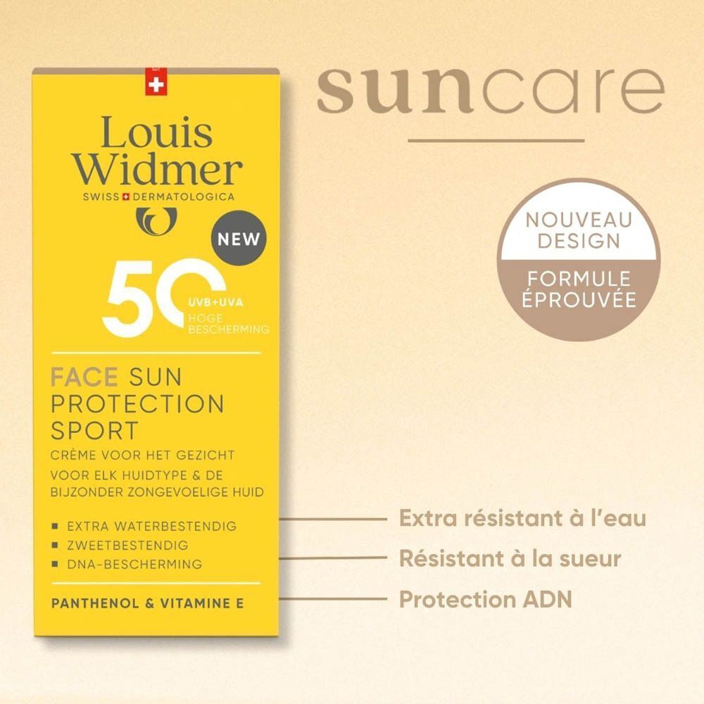 Emballage Louis Widmer Face Sun Protection Sport SPF50 avec "Nouveau Design" et "Formule éprouvée".