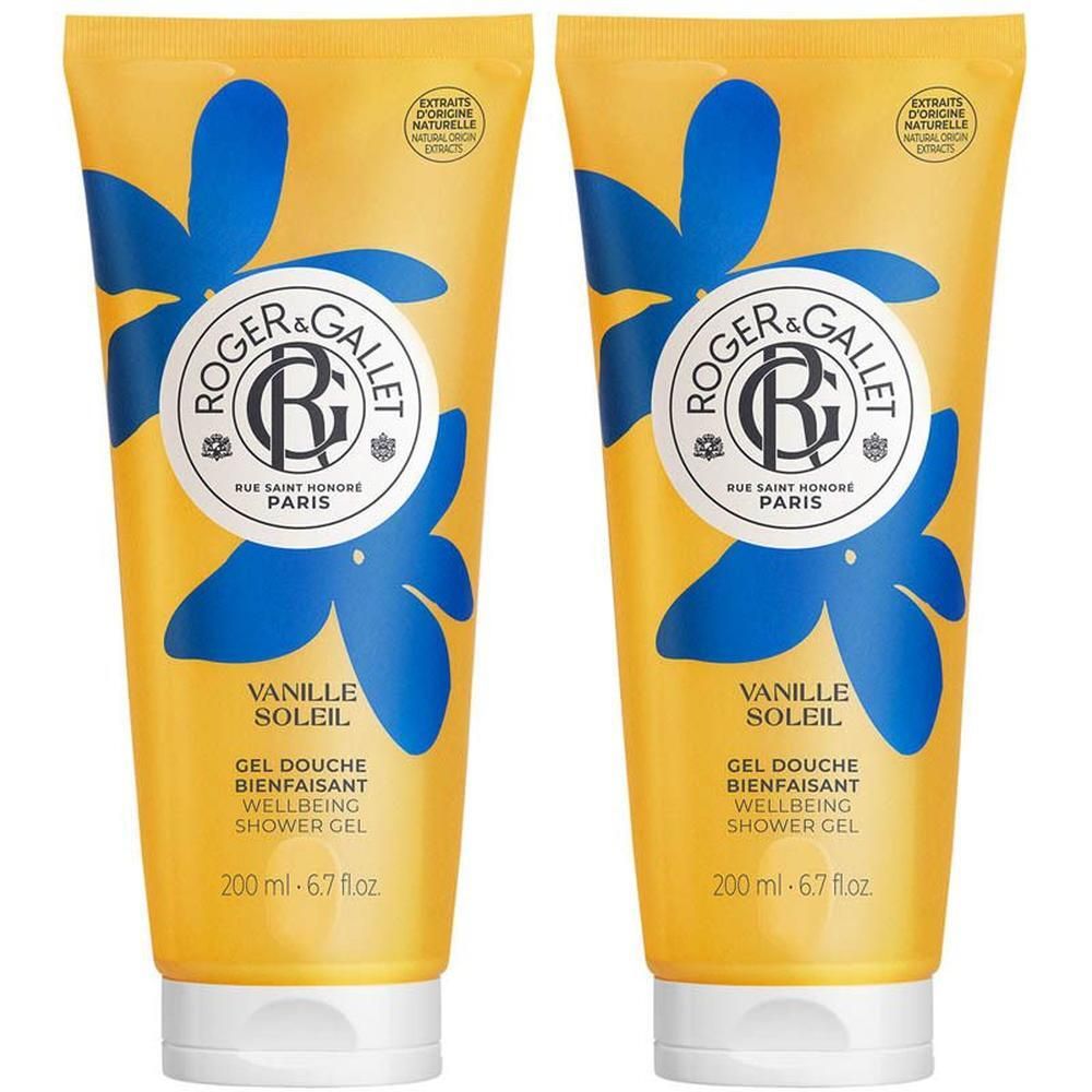 Zwei gelbe Tuben Roger&Gallet Vanille Soleil Duschgel, 200 ml.
