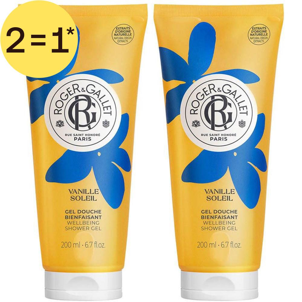 Deux tubes jaunes de gel douche Roger&Gallet Vanille Soleil, 200 ml.
