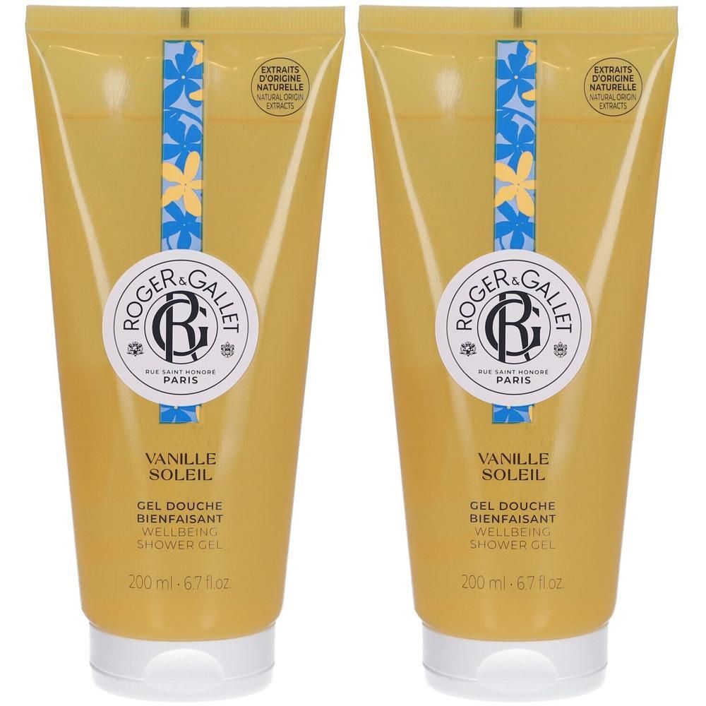 Zwei gelbe Tuben Roger&Gallet Vanille Soleil Duschgel, 200 ml.