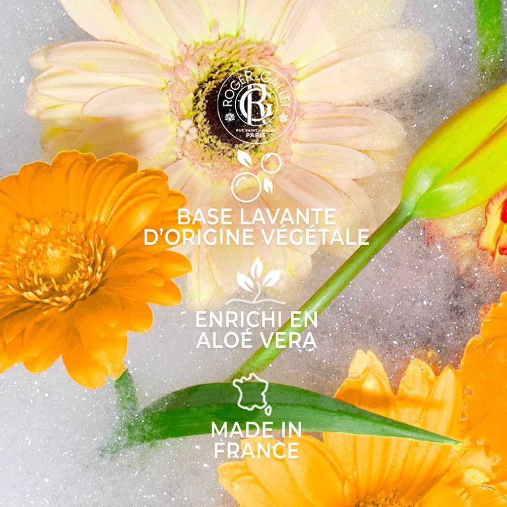 Tube jaune de gel douche Roger&Gallet Vanille Soleil, 200 ml, entouré de fleurs et de gousses de vanille.