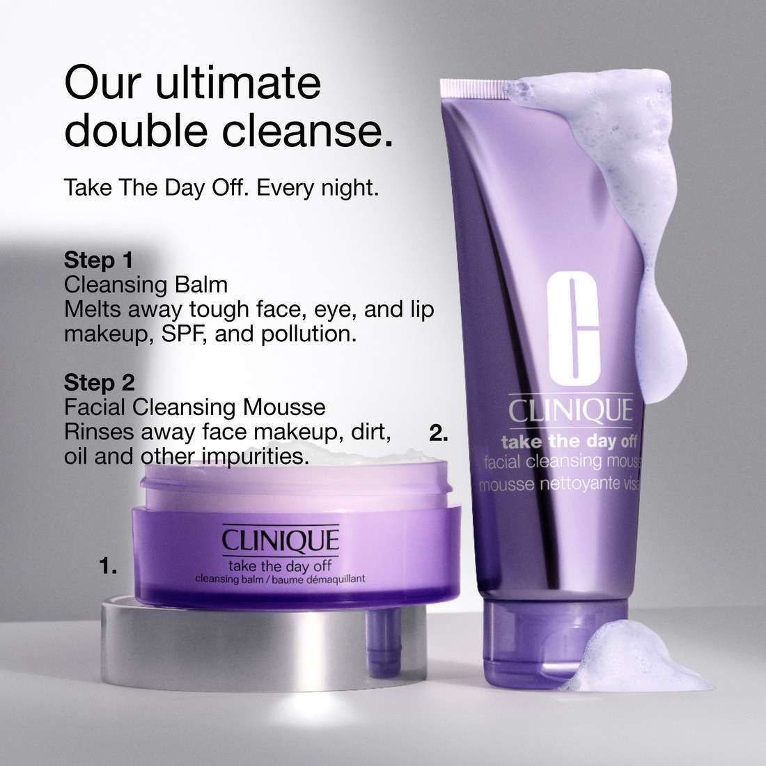 Routine de double nettoyage Clinique avec baume et mousse.