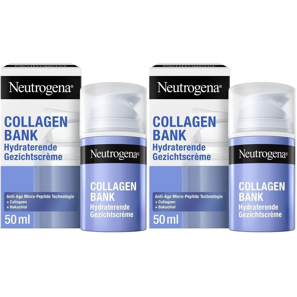 Zwei Flaschen Neutrogena Collagen Bank Feuchtigkeitscreme mit Pumpspendern und Kartons.