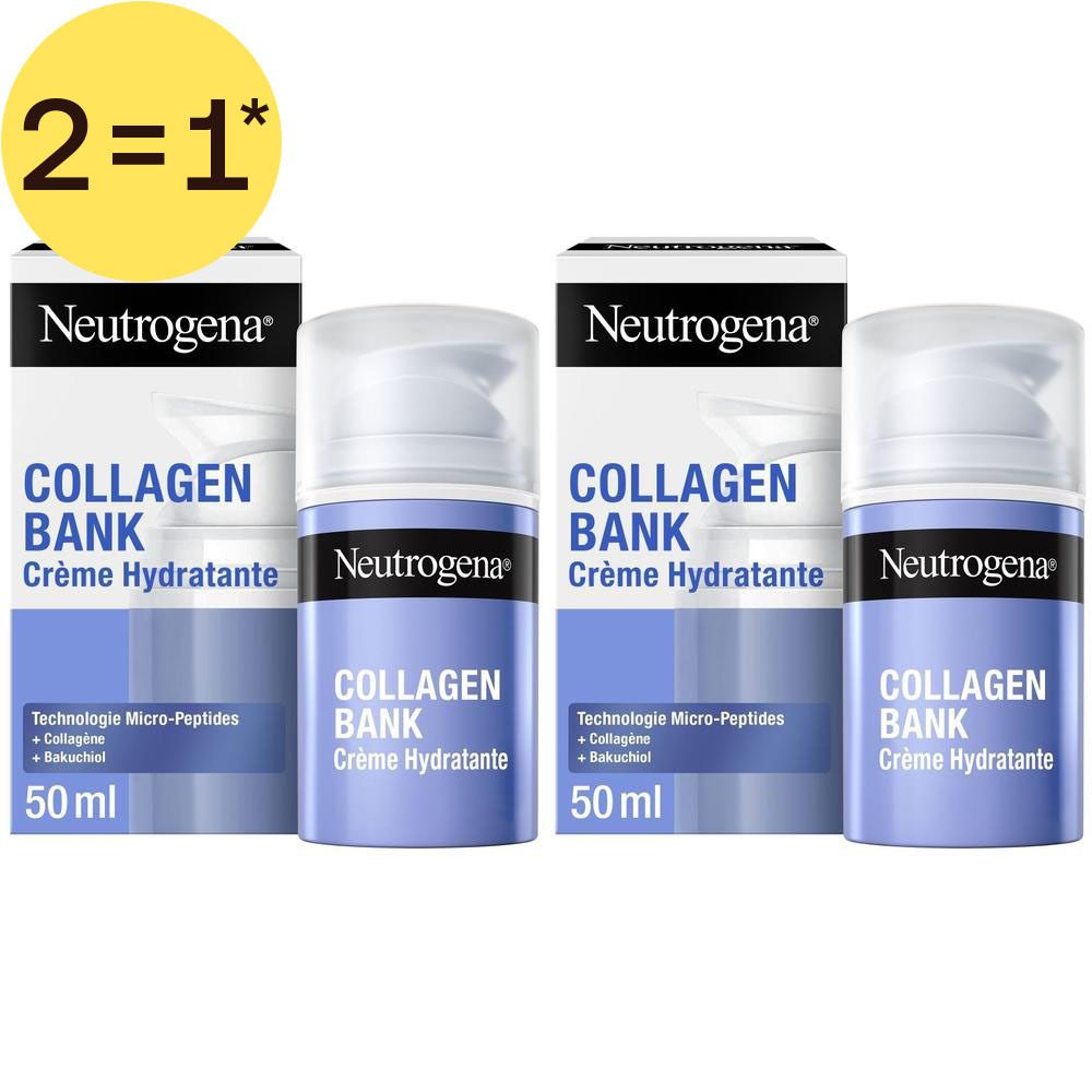Deux flacons de crème hydratante Neutrogena Collagen Bank avec pompes et boîtes.