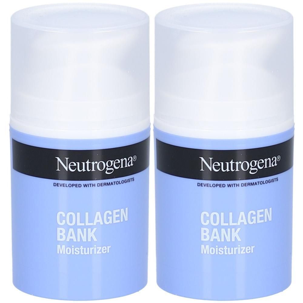 Zwei Neutrogena Collagen Bank Moisturizer Flaschen mit Pumpverschluss.