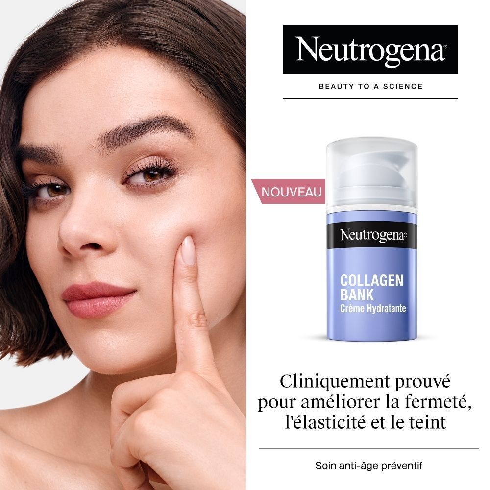 Une femme touche son visage à côté d'une image du produit Crème Neutrogena Collagen Bank.
