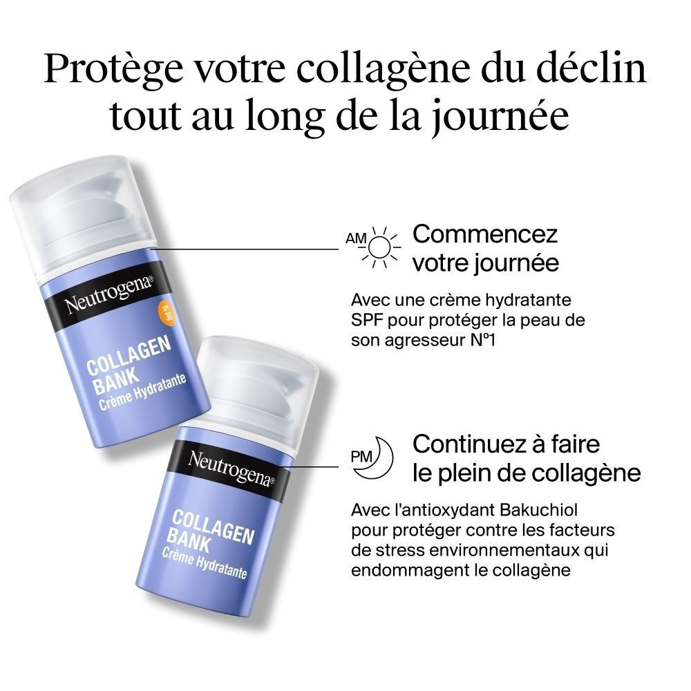Deux flacons de crème illustrant la protection du collagène tout au long de la journée.