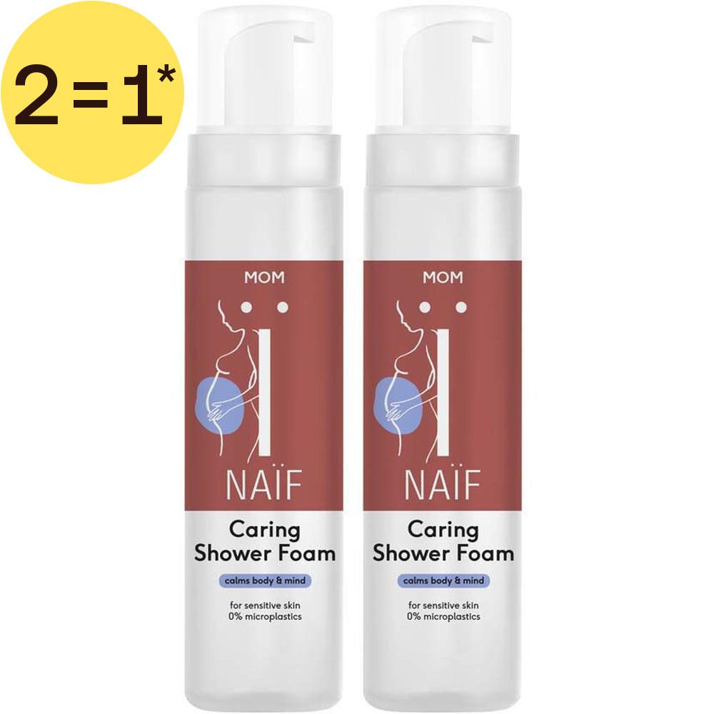 Deux flacons de mousse de douche NAÏF Caring pour peaux sensibles, avec bouchon pompe.