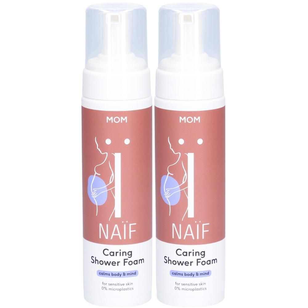 Deux flacons de mousse de douche NAÏF Caring pour peaux sensibles, avec bouchon pompe.