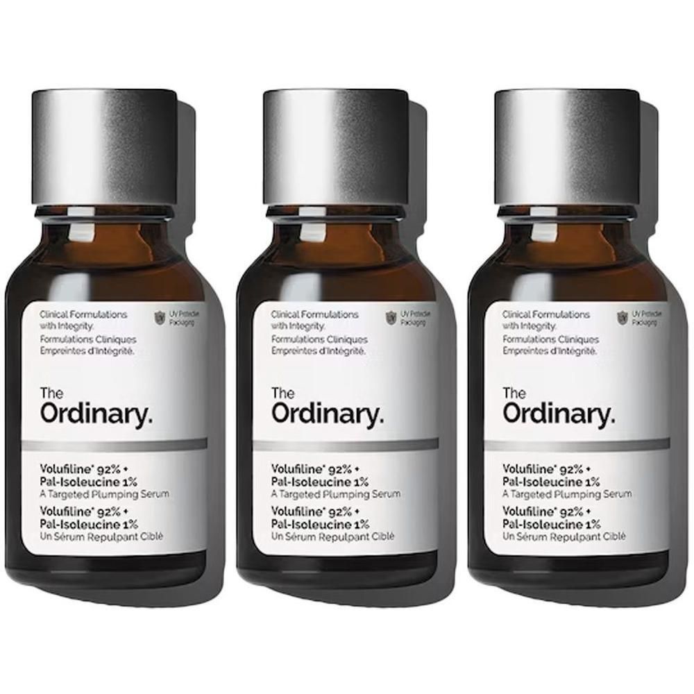 Drei braune Glasflaschen mit silbernen Verschlüssen, jeweils mit dem Etikett 'The Ordinary Volufiline 92% + Pal-Isoleucine 1%'.