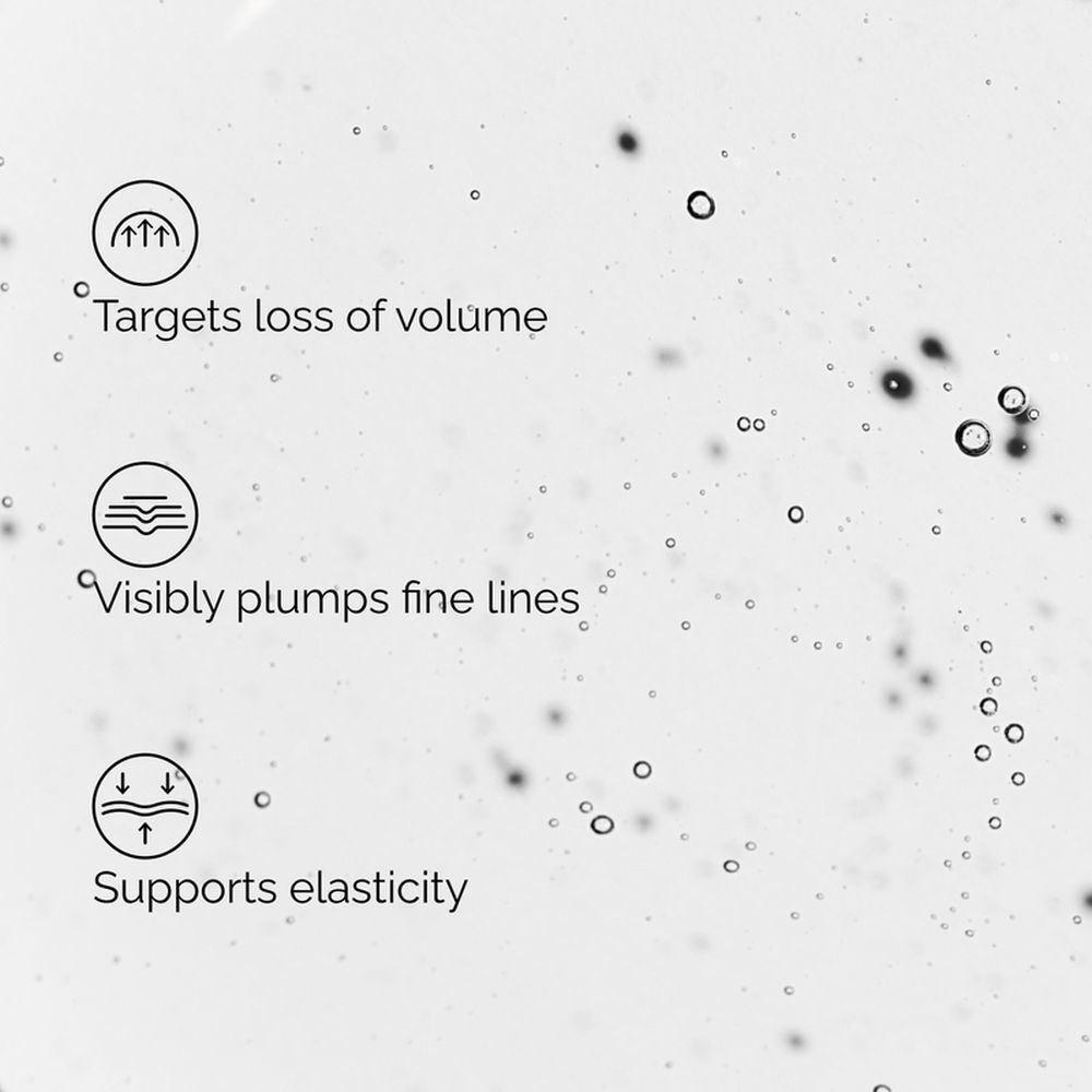 Gros plan d'une goutte de liquide avec texte : 'Volufiline™ cible les zones sujettes à la perte de volume', 'Pal-Isoleucine repulpe visiblement les ridules et rides'.