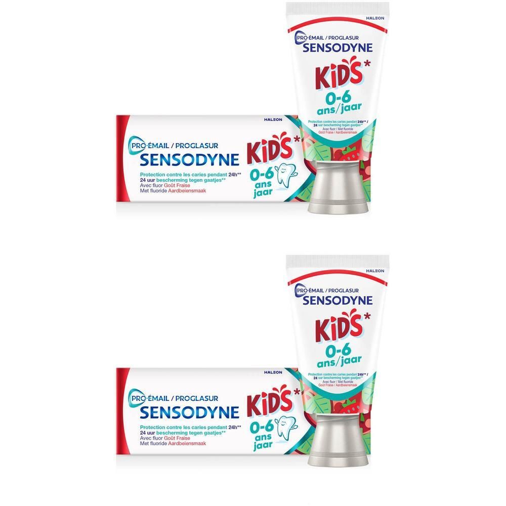 Zwei Tuben und Kartons Sensodyne Pro-Email Kids Zahnpasta für Kinder von 0-6 Jahren.