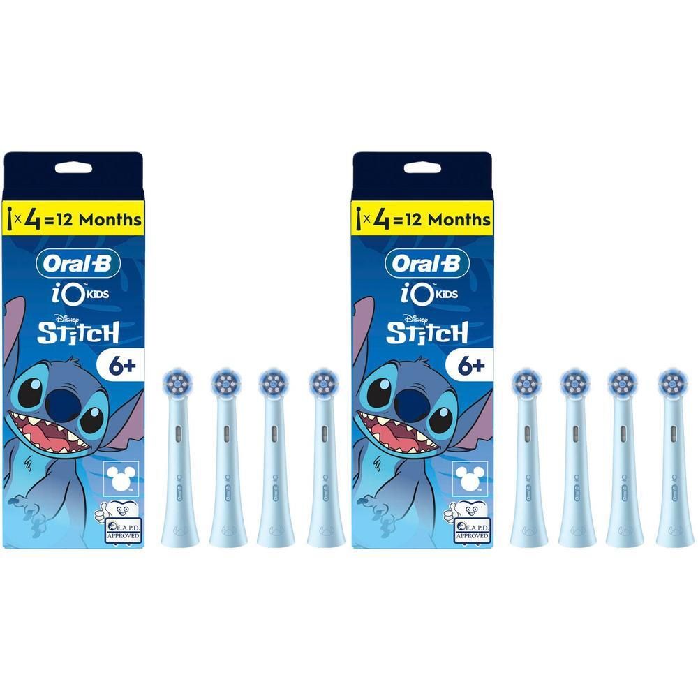 Zwei Packungen Oral-B iO Kids Ersatzbürstenköpfe mit Disney Stitch Motiv.