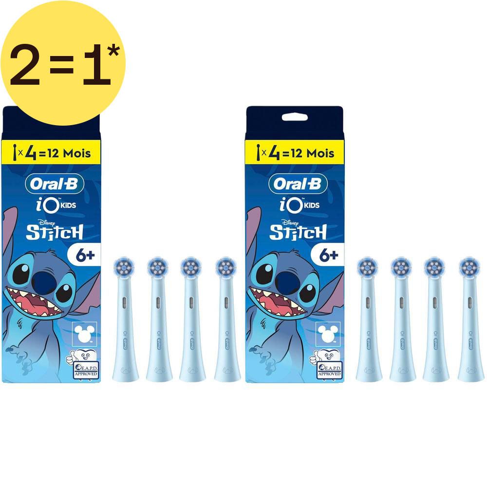 Deux paquets de têtes de brosse Oral-B iO Kids avec motif Disney Stitch.