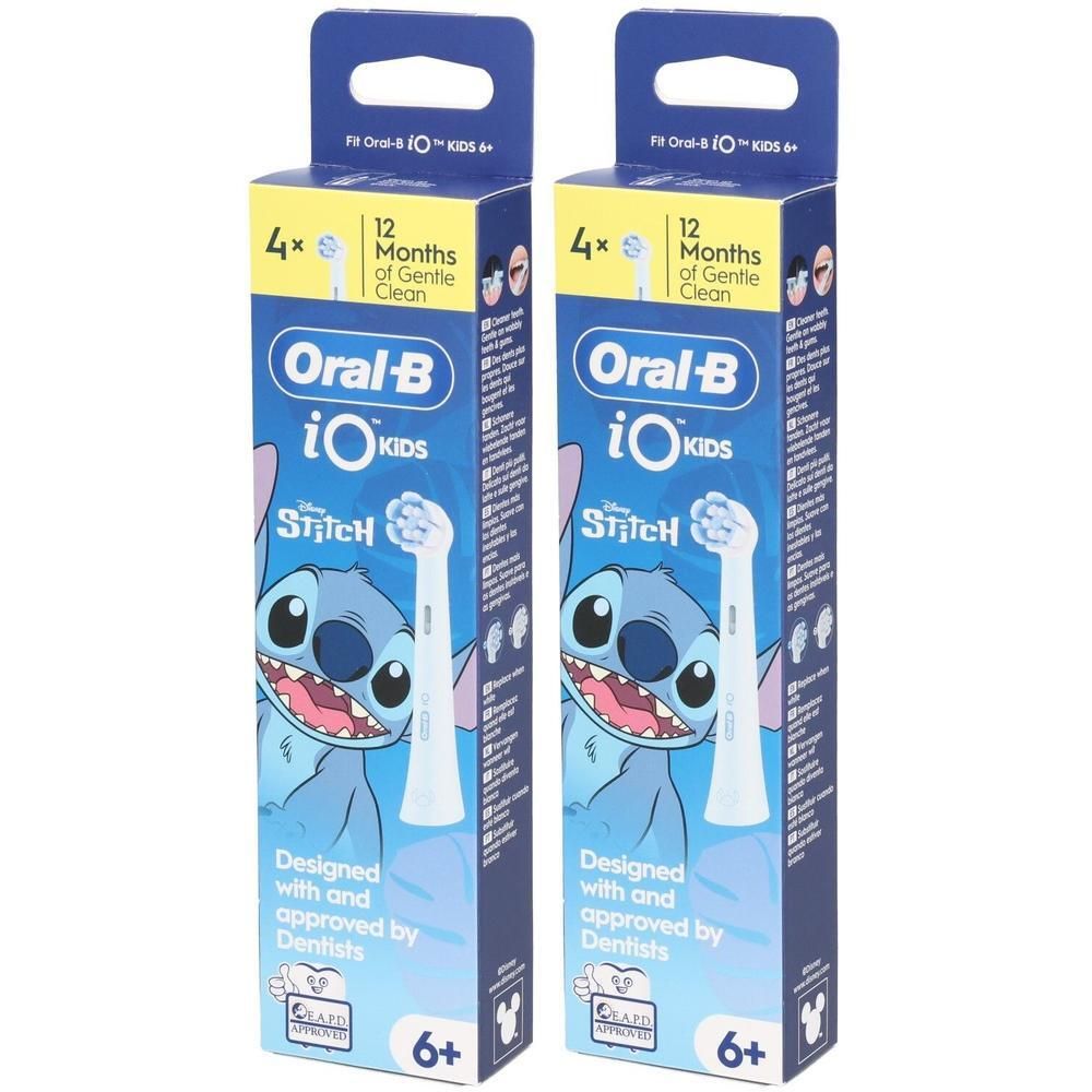 Zwei Packungen Oral-B iO Kids Ersatzbürstenköpfe mit Disney Stitch Motiv.
