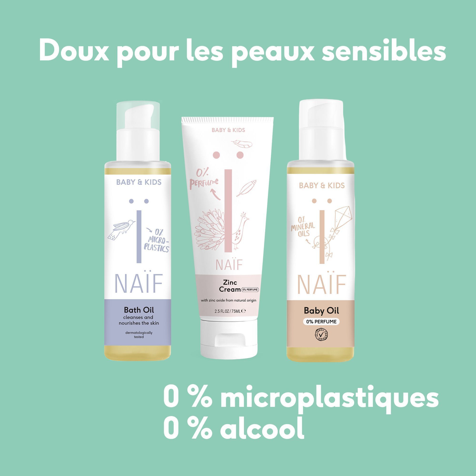 Trois produits Naïf : huile pour bébé, crème au zinc et une autre huile pour bébé.
