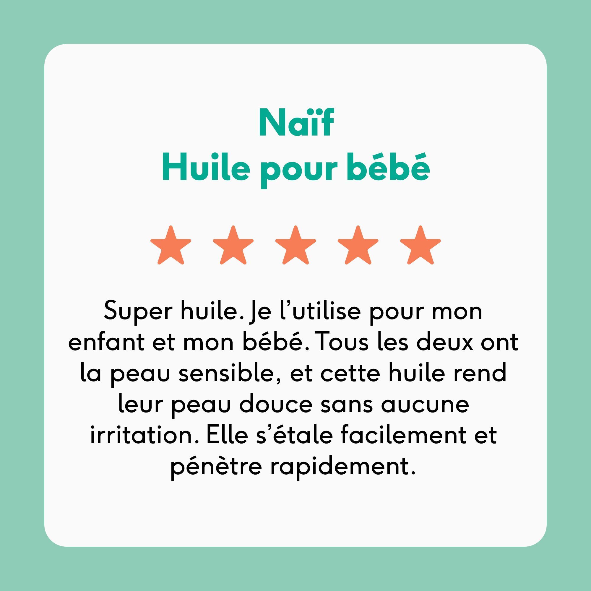 Avis pour l'huile pour bébé Naïf avec cinq étoiles et texte positif.