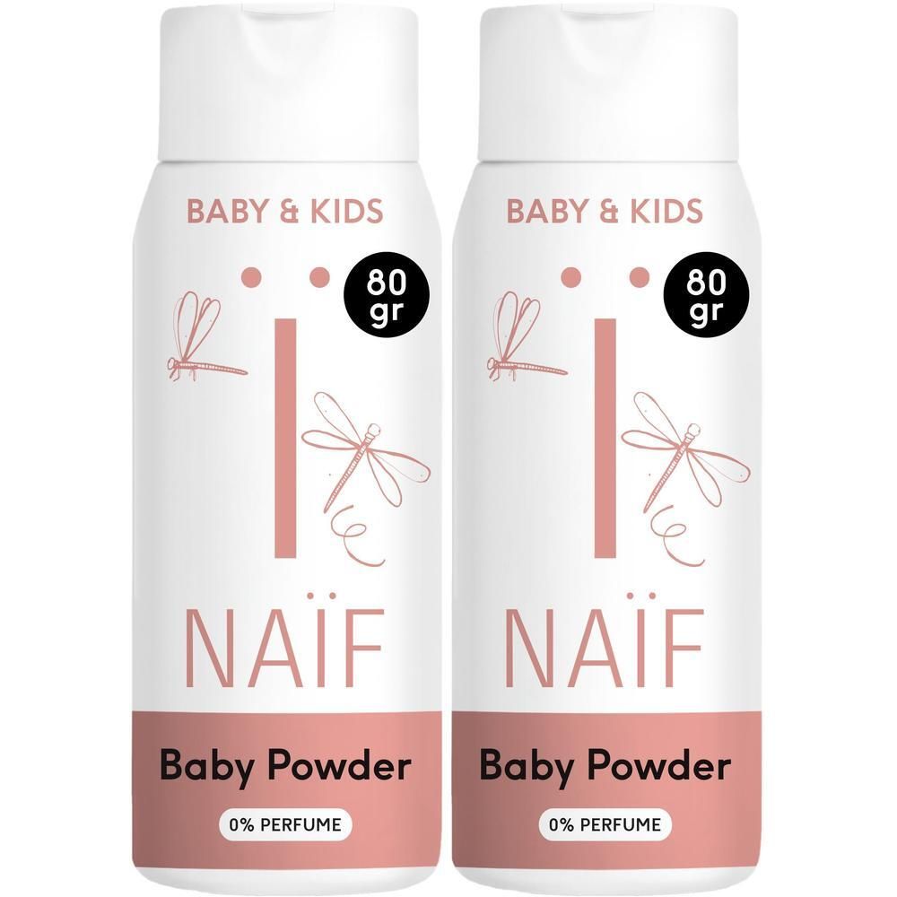 Zwei weiße Flaschen Naïf Baby Powder, 80g, 100% natürlich, 0% Parfüm, 0% Talk.