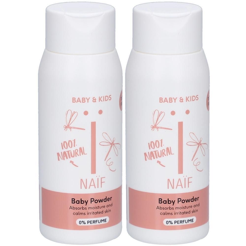 Zwei weiße Flaschen Naïf Baby Powder mit rosa Akzenten und Insekten-Illustrationen.
