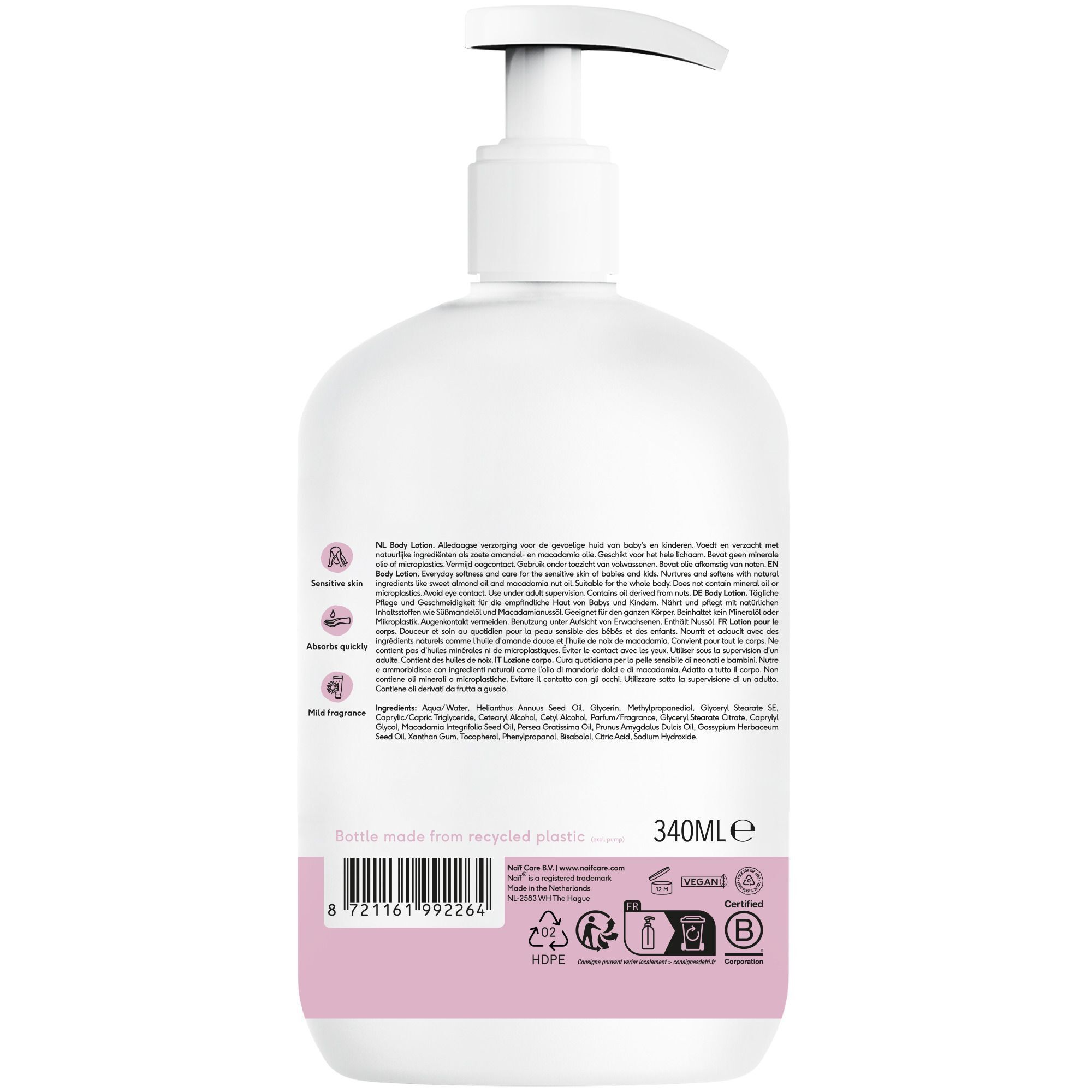 Arrière d'une bouteille de lotion corporelle Naïf avec ingrédients et certifications.