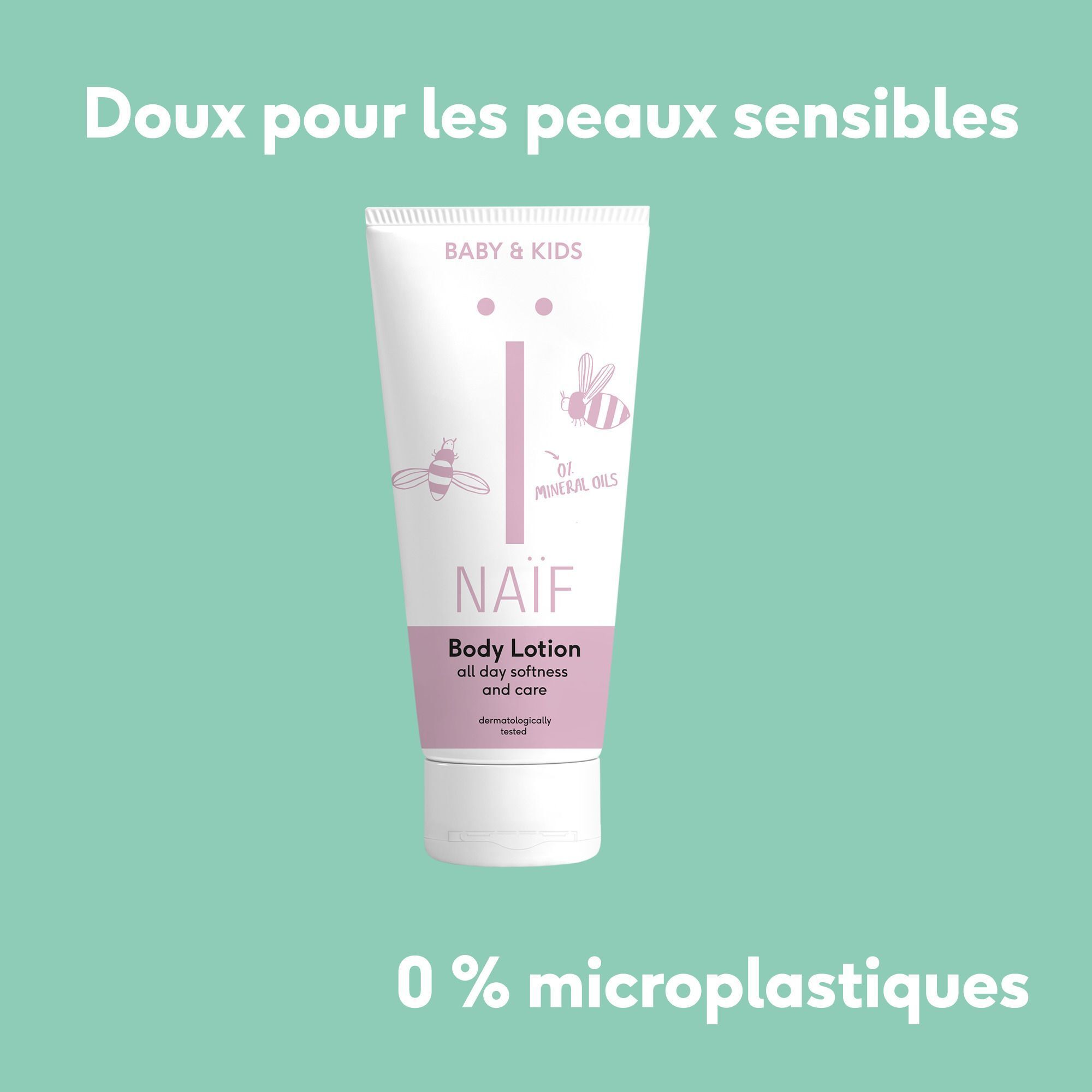 Un tube de lotion corporelle Naïf avec le texte 'Doux pour les peaux sensibles'.