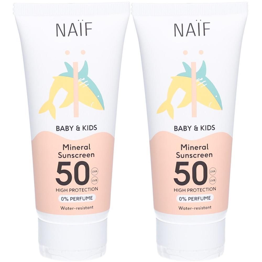 Zwei Tuben Naïf Mineral-Sonnenschutz LSF 50 für Baby & Kinder. Hoher Schutz, 0% Parfüm, wasserresistent.
