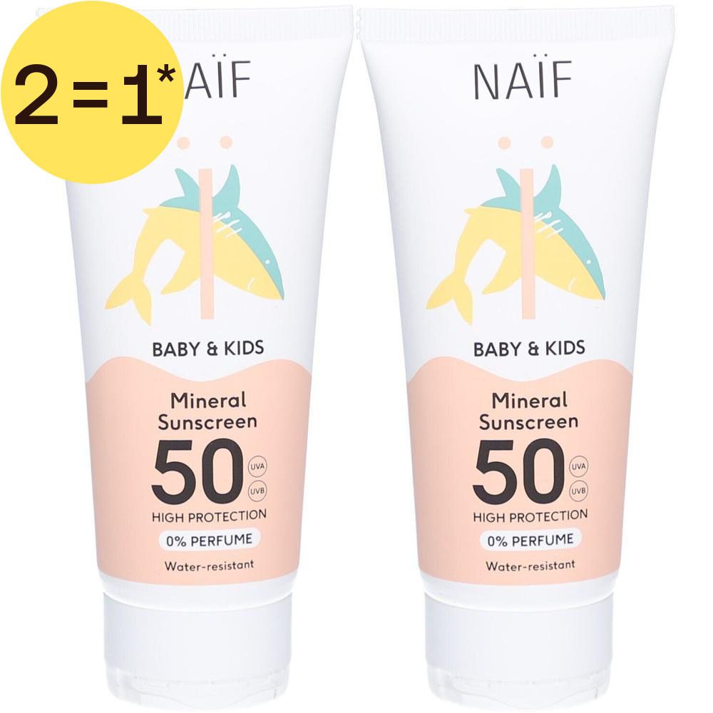 Deux tubes de crème solaire minérale Naïf SPF 50 pour bébé et enfants. Haute protection, 0% parfum, résistant à l'eau.