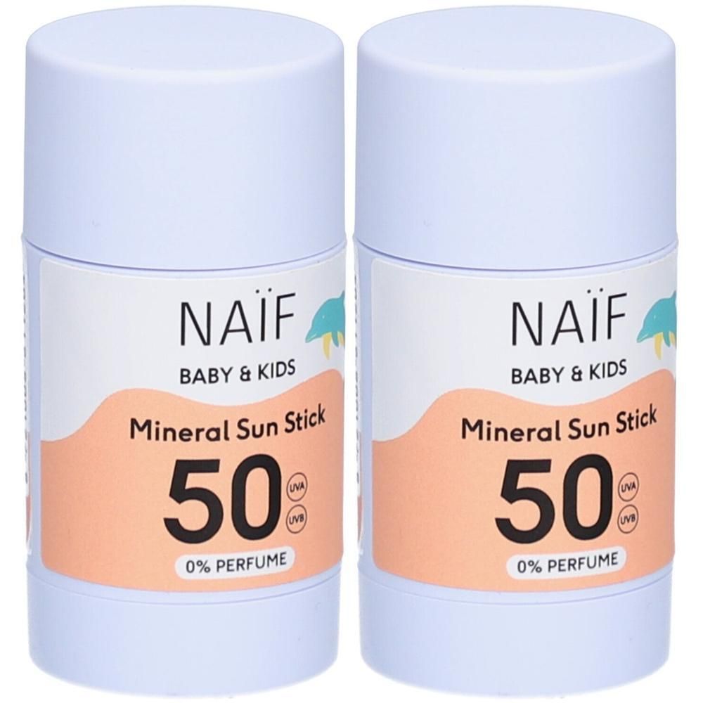 Zwei Fläschchen Naïf Mineral Sonnenschutzstift LSF 50, parfümfrei.