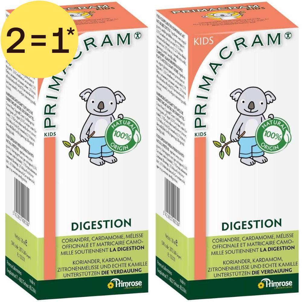 Deux boîtes Primacram Kids, une avec autocollant "2=1", illustration de koala, sceau 100% Origin.