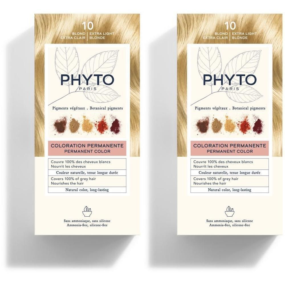 Deux boîtes de PHYTOCOLOR 10 Blond Extra Clair coloration permanente enrichie en pigments végétaux.