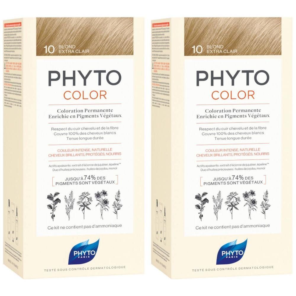 Zwei Packungen PHYTOCOLOR 10 Extra helles Blond permanente Haarfarbe mit pflanzlichen Pigmenten.