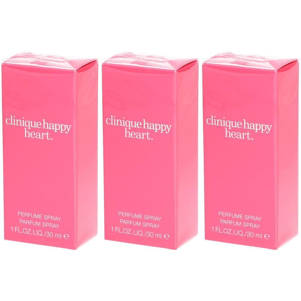 Drei Clinique Happy Heart Parfum Sprühverpackungen in Rosa.