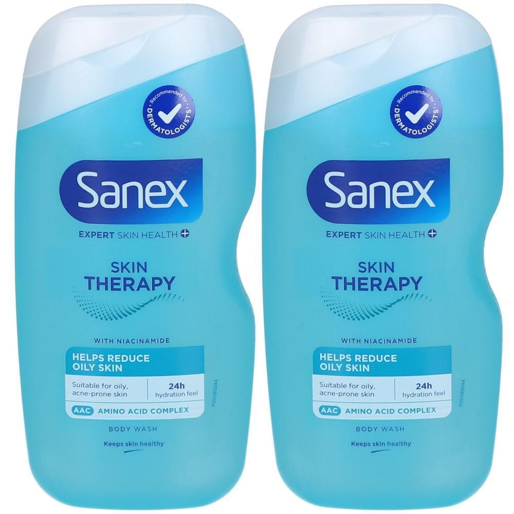 Zwei Flaschen Sanex Skin Therapy Body Wash für fettige Haut mit Niacinamid und Aminosäurekomplex.