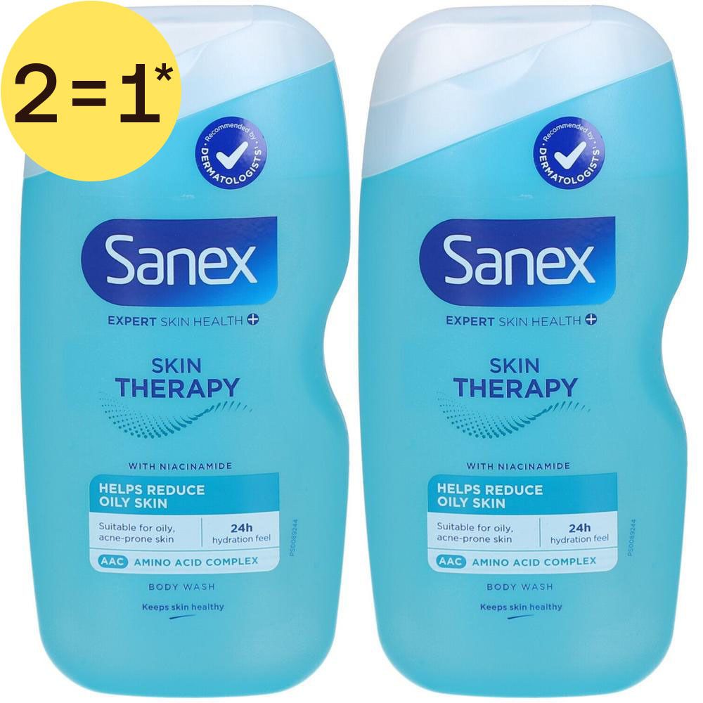 Deux flacons de Sanex Skin Therapy Body Wash pour peau grasse avec niacinamide et complexe d'acides aminés.