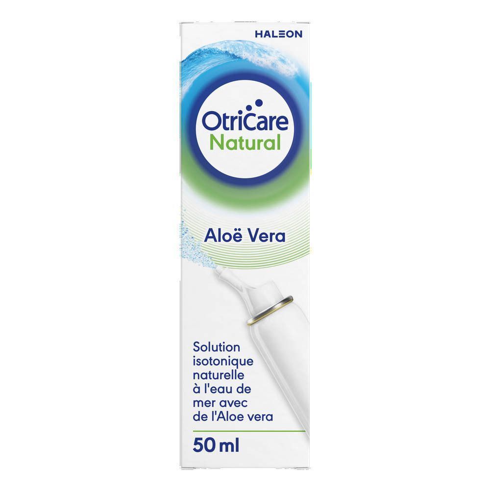 Spray nasal OtriCare Natural Aloe Vera sur un fond carrelé.