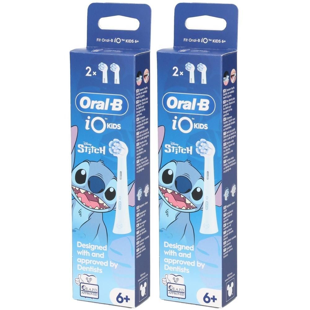 Zwei Packungen Oral-B iO Kids Ersatzbürstenköpfe mit Disney Stitch Motiv.