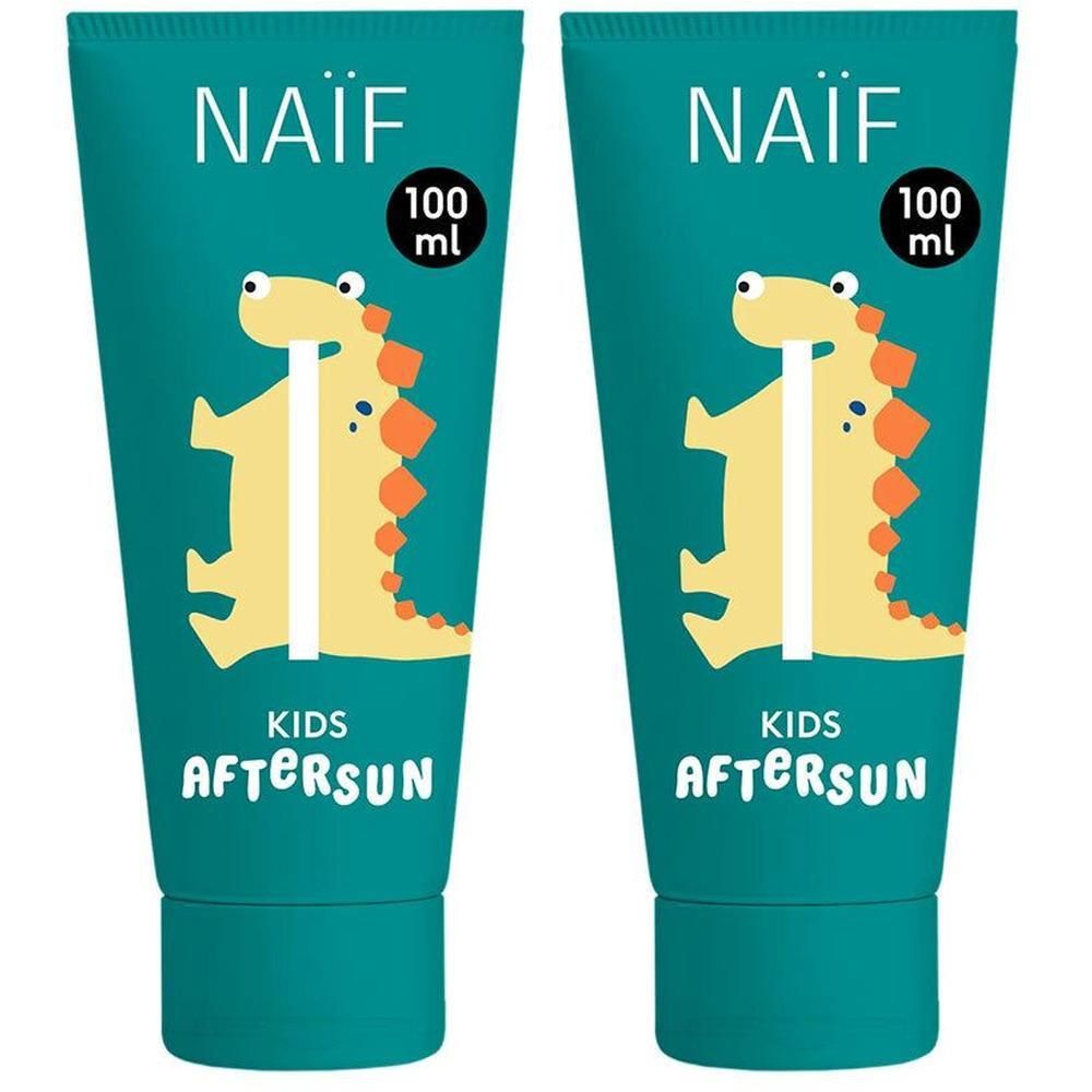 Zwei Tuben Naïf Kids After Sun mit Dinosaurier-Aufdruck, je 100 ml.