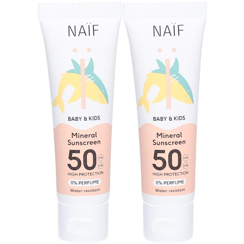 Zwei Tuben Naïf Mineral Sonnencreme LSF 50 für Babys und Kinder. Hoher Schutz, parfümfrei, wasserresistent.