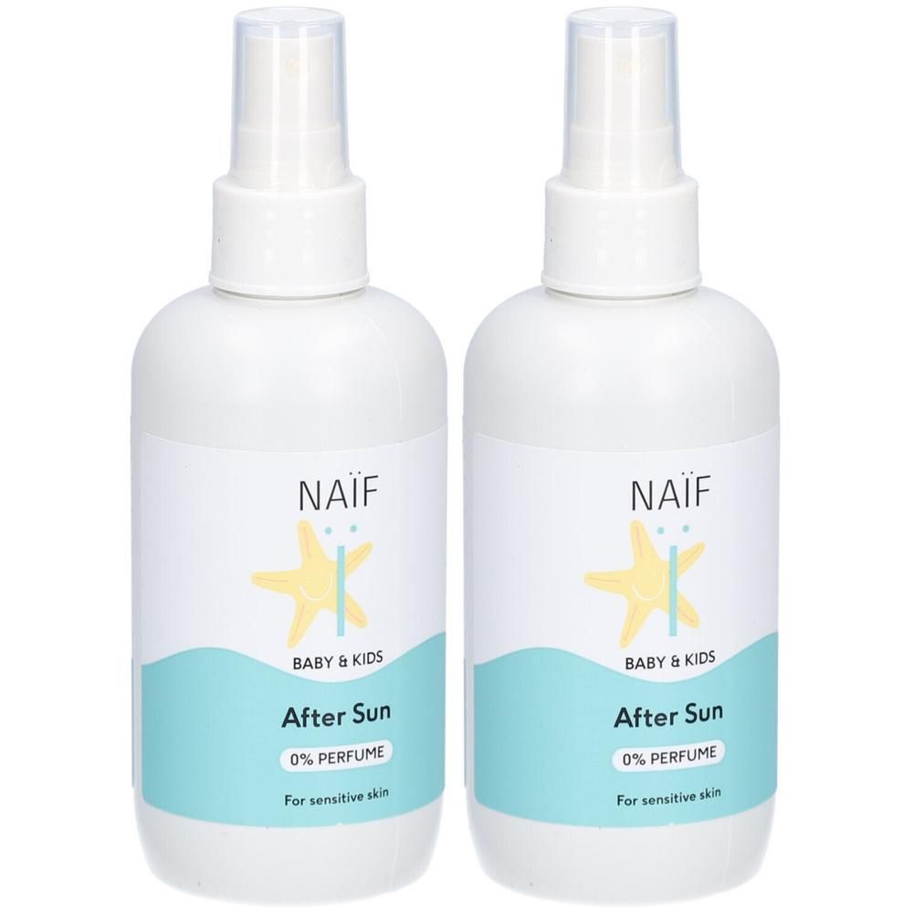 Zwei Flaschen Naïf After Sun Spray für Babys und Kinder, 0% Parfüm.