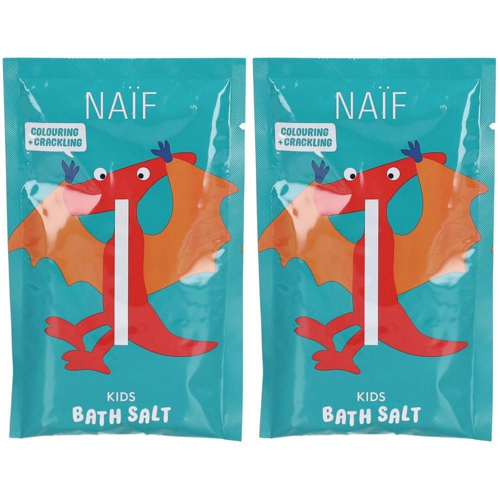 Zwei Packungen Naïf Kinderbadesalz mit Drachenmotiv. Beschriftung: Colouring + Crackling, Kids Bath Salt.