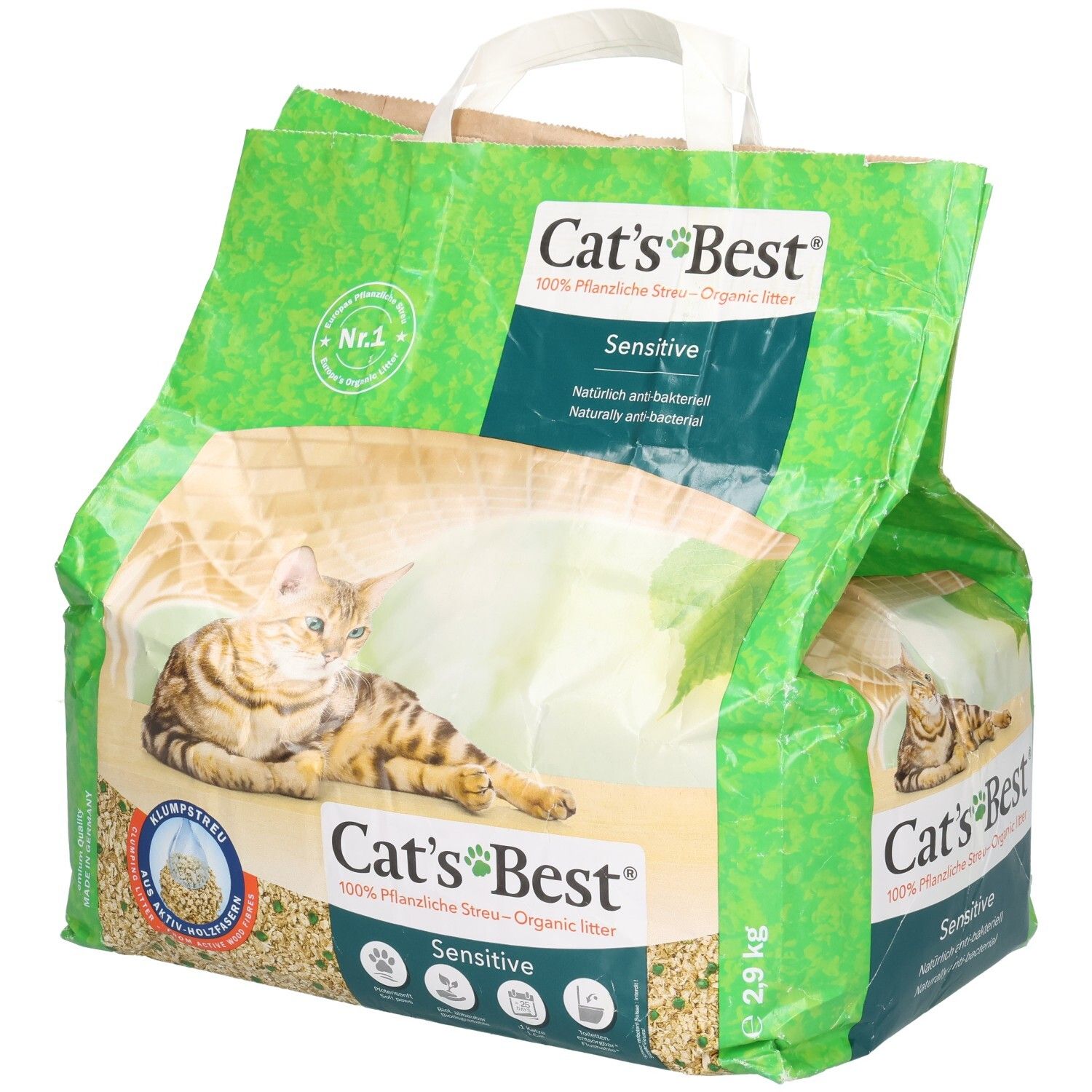Cat's Best Sensitive, 2,9 kg Katzenstreu, Rückseite der Verpackung.