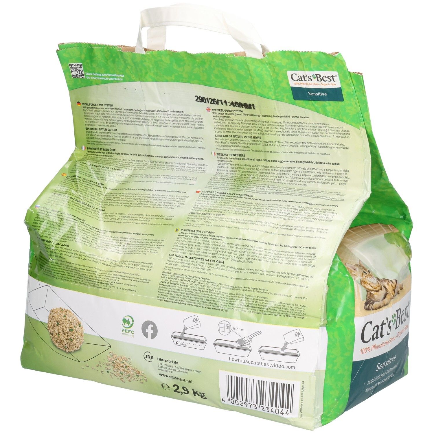 Cat's Best Sensitive, 2,9 kg Katzenstreu, Rückseite der Verpackung.