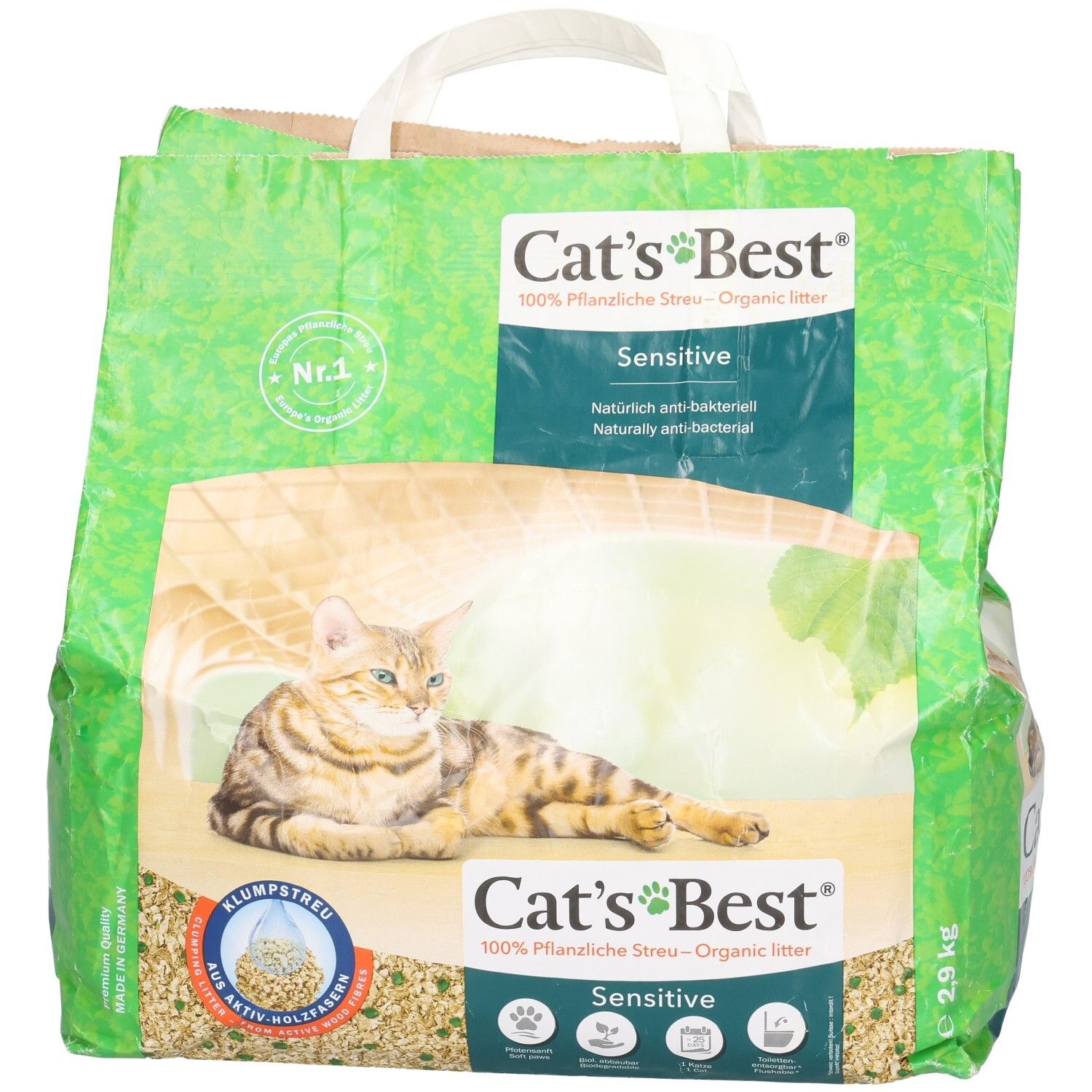 Cat's Best Sensitive, 2,9 kg Katzenstreu in grüner Verpackung mit Katze.