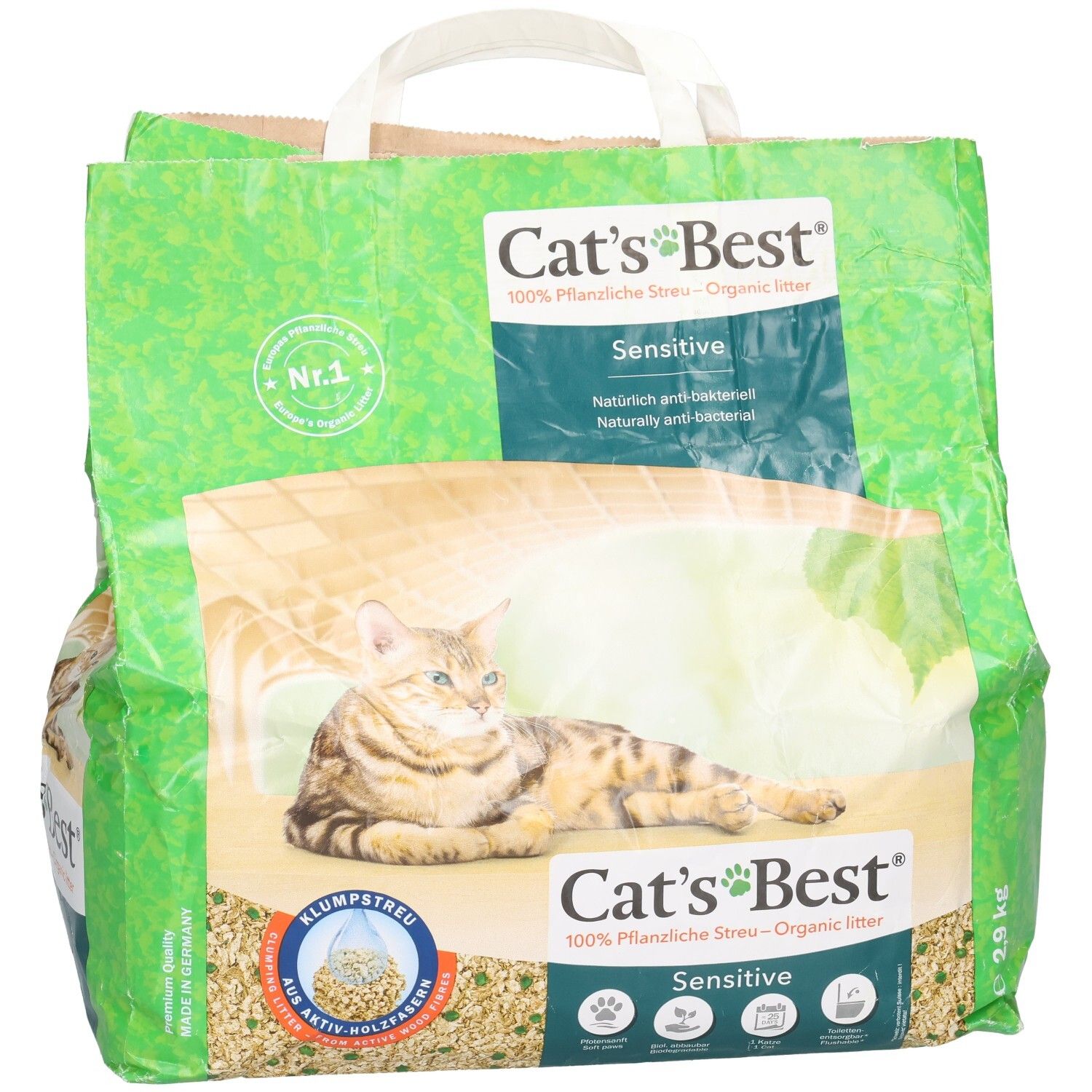 Cat's Best Sensitive, 2,9 kg Katzenstreu in grüner Verpackung mit Katze.