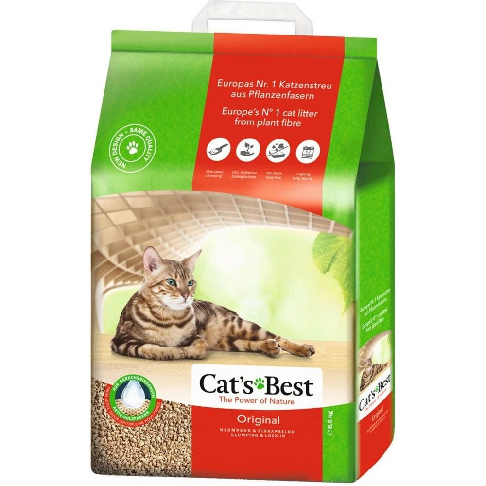 Cat's Best Original Katzenstreu aus Pflanzenfasern, 8,5 kg. Grüne und rote Verpackung mit Katze.