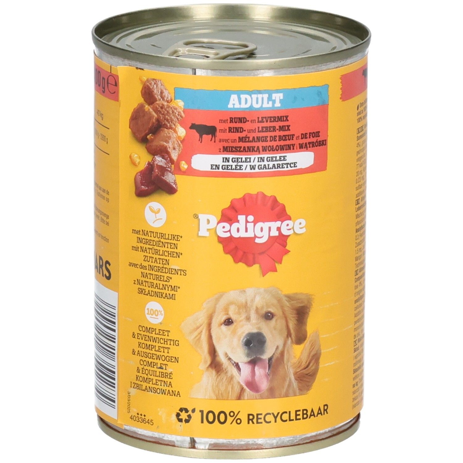 Pedigree Adult Hundefutter in Gelee mit Rind und Lebermix in einer Dose.