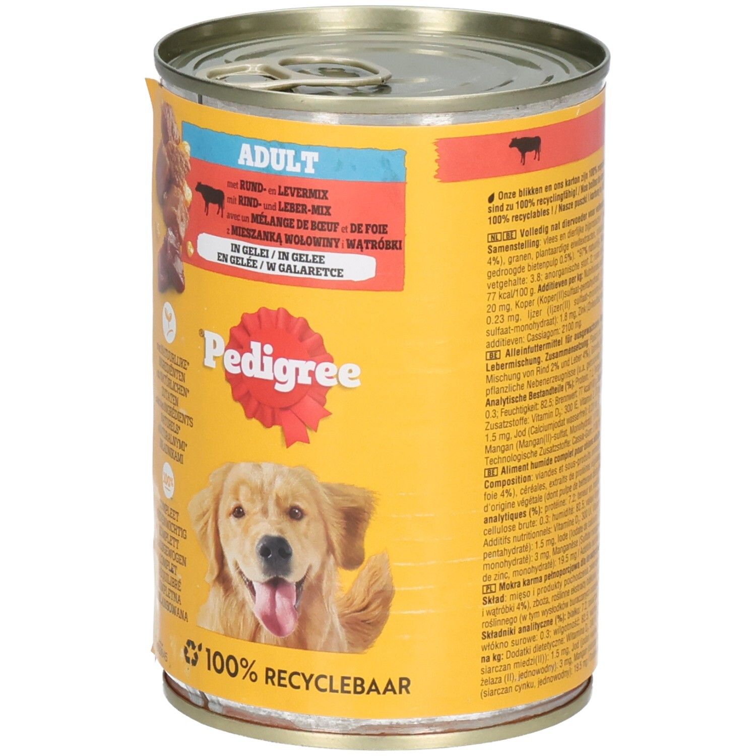 Pedigree Adult Hundefutter in Gelee mit Rind und Lebermix, Rückseite der Dose.